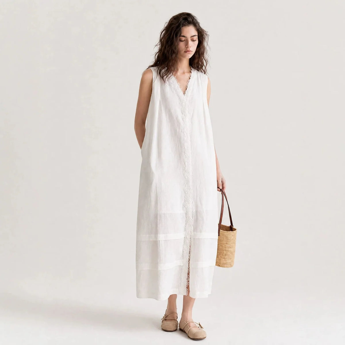 Lace-Inset Linen Dress — image 1