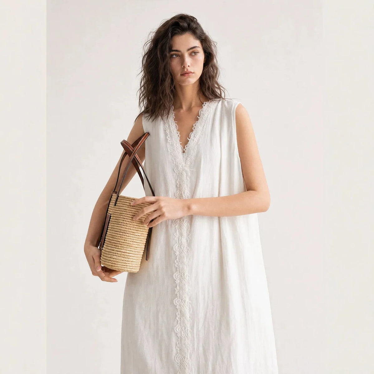 Lace-Inset Linen Dress — image 3